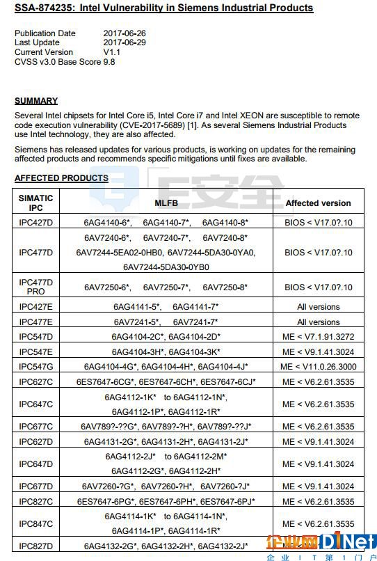 西門子38個系列PC產(chǎn)品受英特爾芯片漏洞影響-E安全
